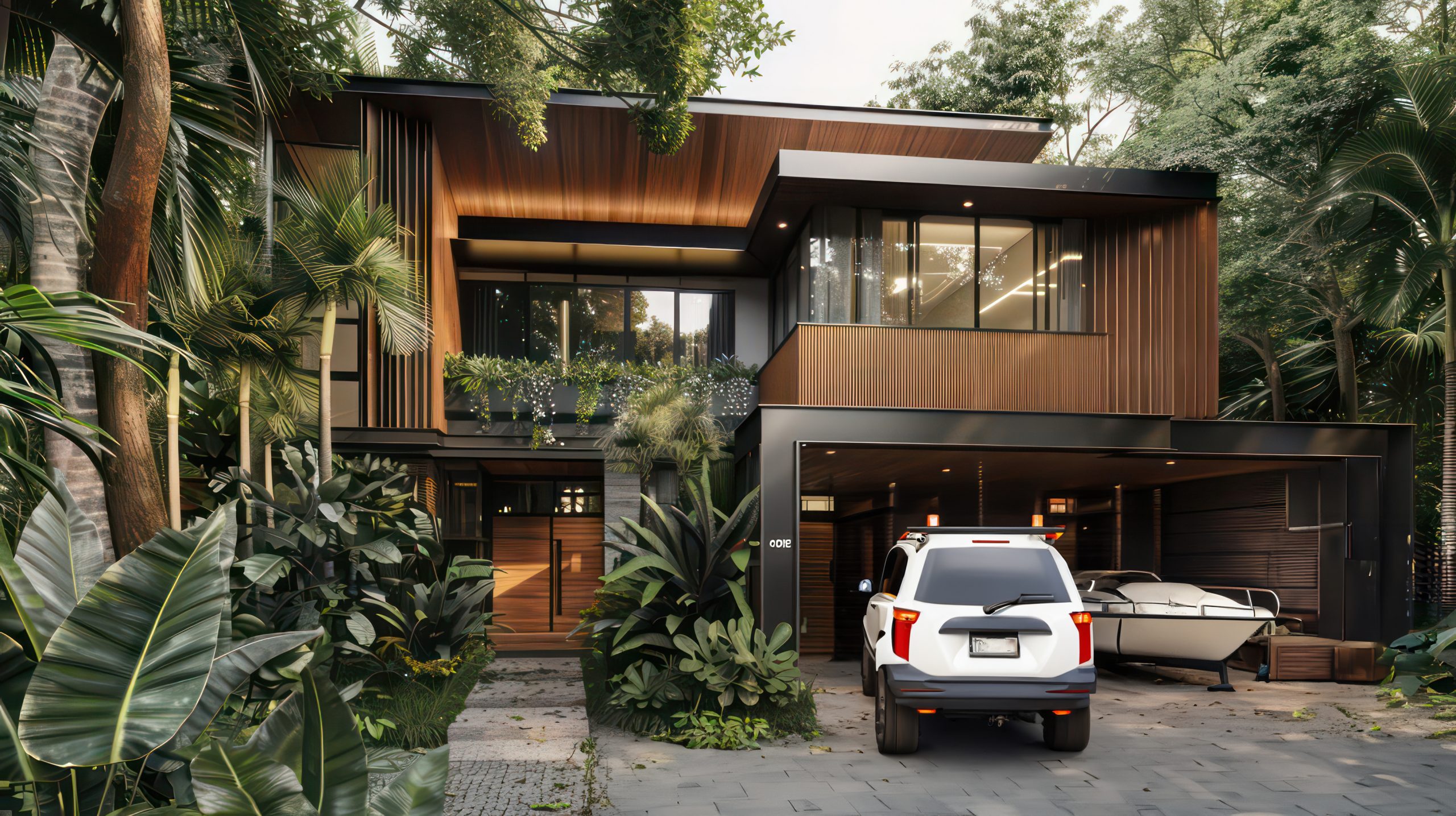 Modern two-story house with wooden cladding and bright metal accents in Hamilo Coast, surrounded by lush greenery and coastal views.